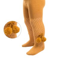 T45-M: Mustard Check Tights w/Pom Poms (NB-24 Months)